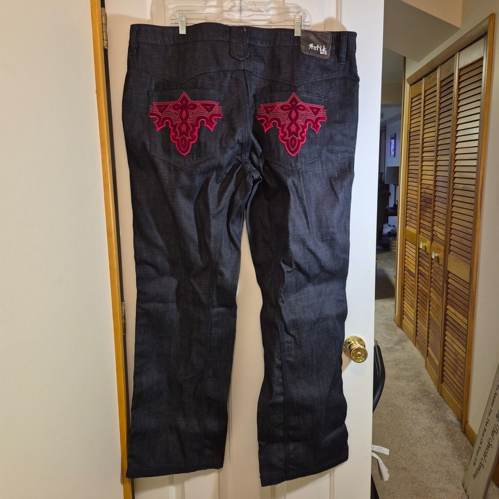 Antik Denim Mens 44 Dark Wash Red Embroidered Straight Leg Jeans MCR21613 NWT